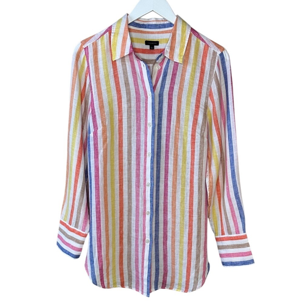 Talbots‎ 100% Linen Boyfriend Shirt Rockport Stripe Long Sleeve Button Down Sz S
